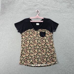 Roxy Women Shirt L Black Floral Colorblock Pocket V-Neck Pullover